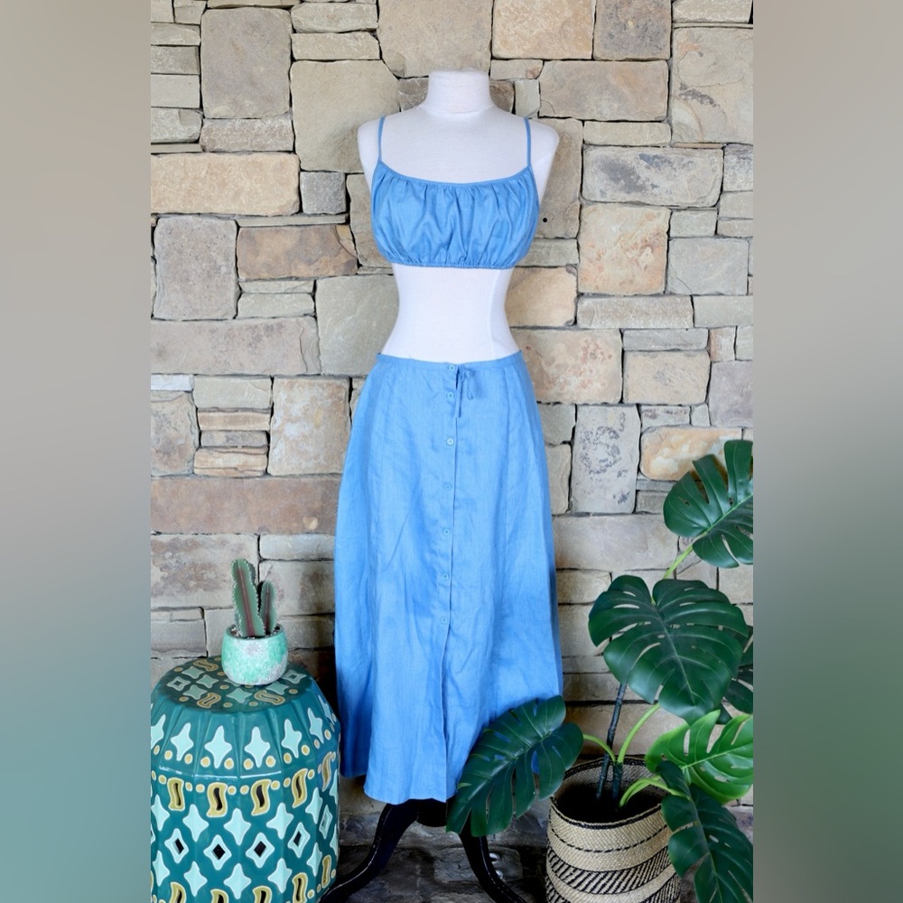 Reformation Blue Linen Two Piece Set